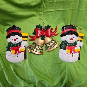 Vtg Molded 3D Plastic Christmas Snowmen and Jingle Bells Wall Hanging Decor